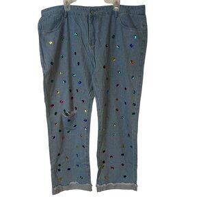 Womens Fashion Blue Jeans Size 3XL Gems Hemmed Ankle Stretch High Rise Xpluswera